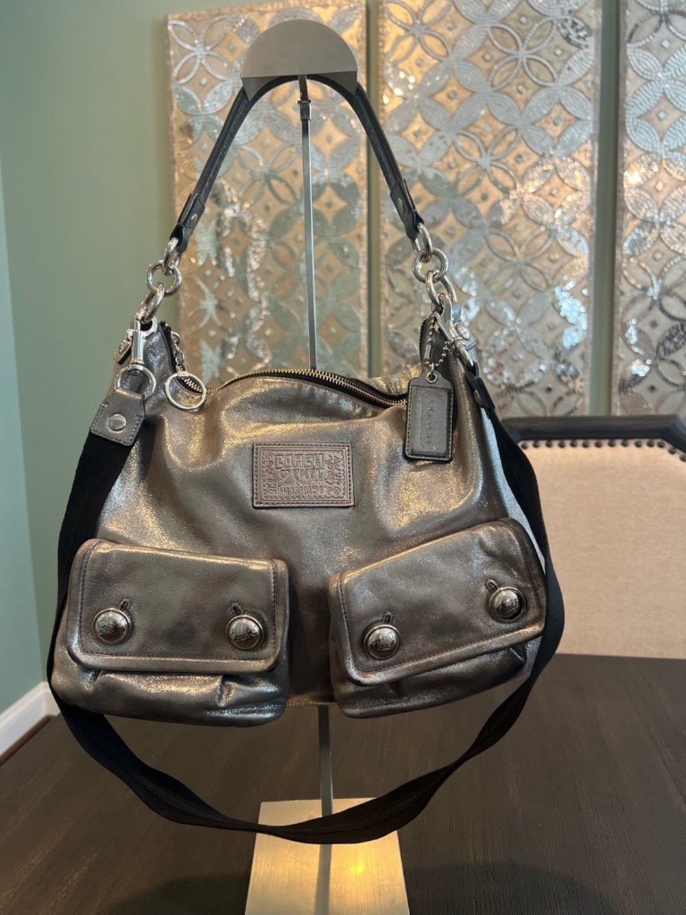 Coach 14561 Poppy Metallic Silver Leather Double Front Pocket Bag - Picture 3 of 16